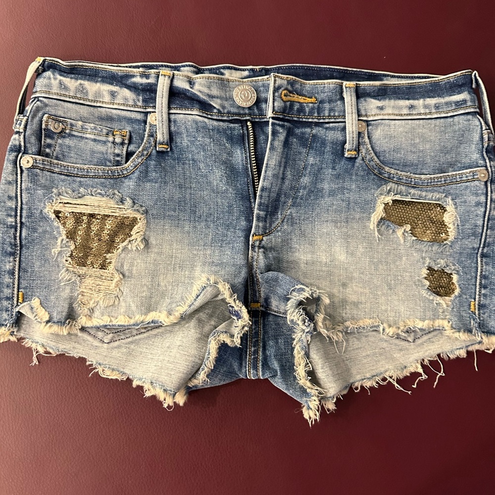 True Religion Blue Gold Sequined Distressed Jean Shorts